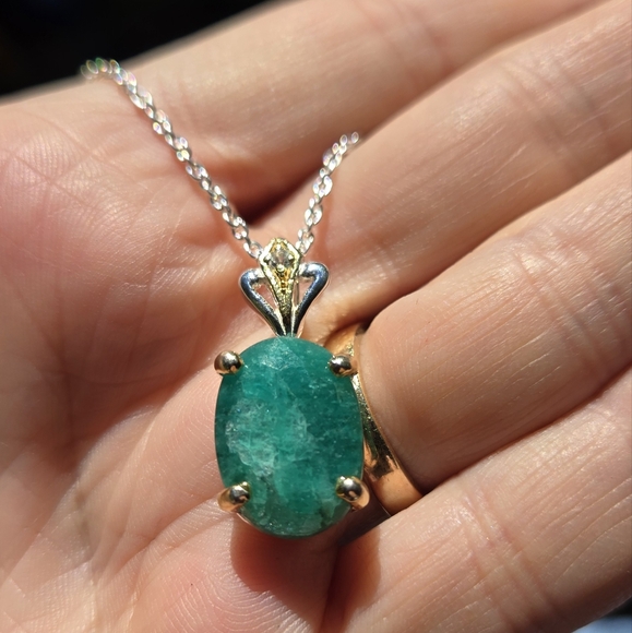 Green Beryl 9k & citrine sterling & gold crown pineapple necklace 18" - Picture 3 of 7